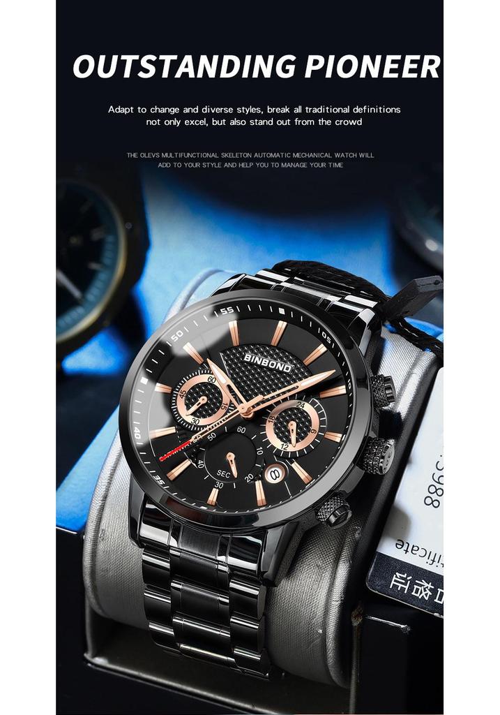 BINBOND Men's Waterproof Quartz Sports Watch with Steel Strap and Dual Eye Multifunction.