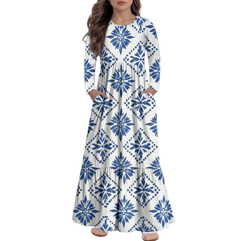 Girls' Maxi Dress Casual Holiday Dresses - Long Sleeve Dress With Pockets For 4-14Y