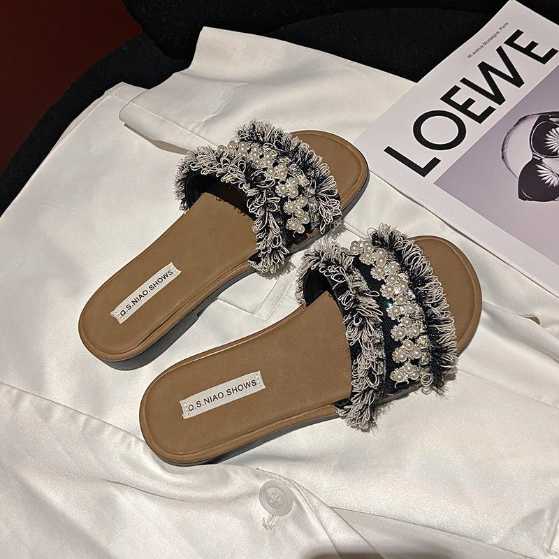 CRLAYDK Women's Flat Sandals Open Toe Pearl Rhinestone Beach Slippers for Summer Ladies Casual Dress Slip On Slides