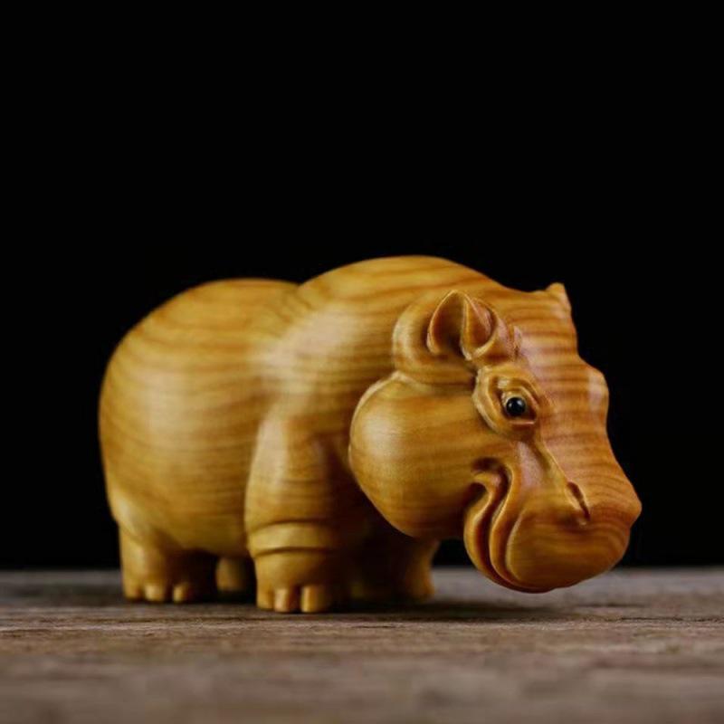 Taihang Cliff Cypress African Animal Trio Carving - Cute Wooden Hippopotamus, Elephant & Rhinoceros Ornament