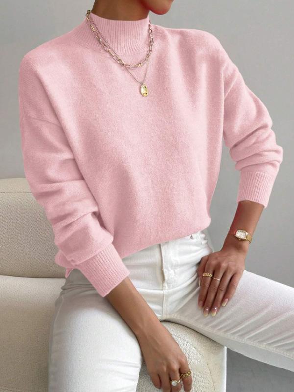 Women's Light Beige Ribbed High Neck Long Sleeve Knit Sweater