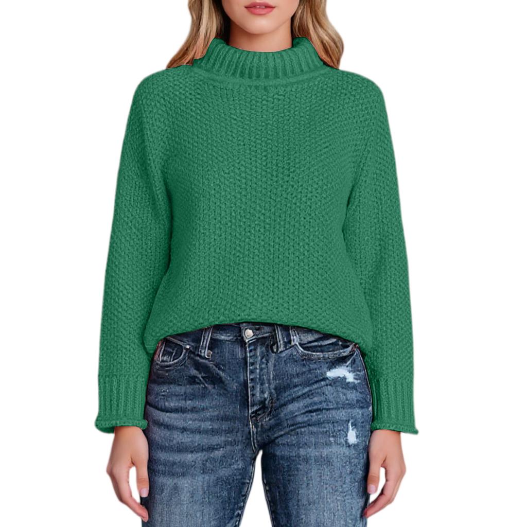 Fashionable Women's High-neck Knitted Sweater With Long Sleeves And Rolled Hem