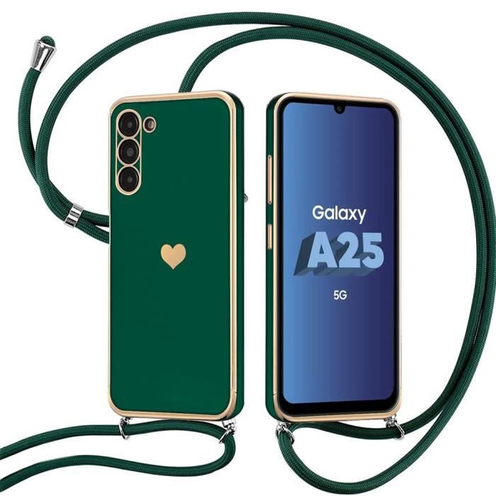 Coque - Samsung - Galaxy A25 5G - Antichoc - Silicone - Cordon réglable - Vert nuit
