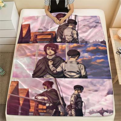1 szt. Koc flanelowy z nadrukiem Attack on Titan, Wysoka jakość, Na wszystkie pory roku, Wystrój domu, Ciepło i komfort, Idealny na prezenty świąteczne