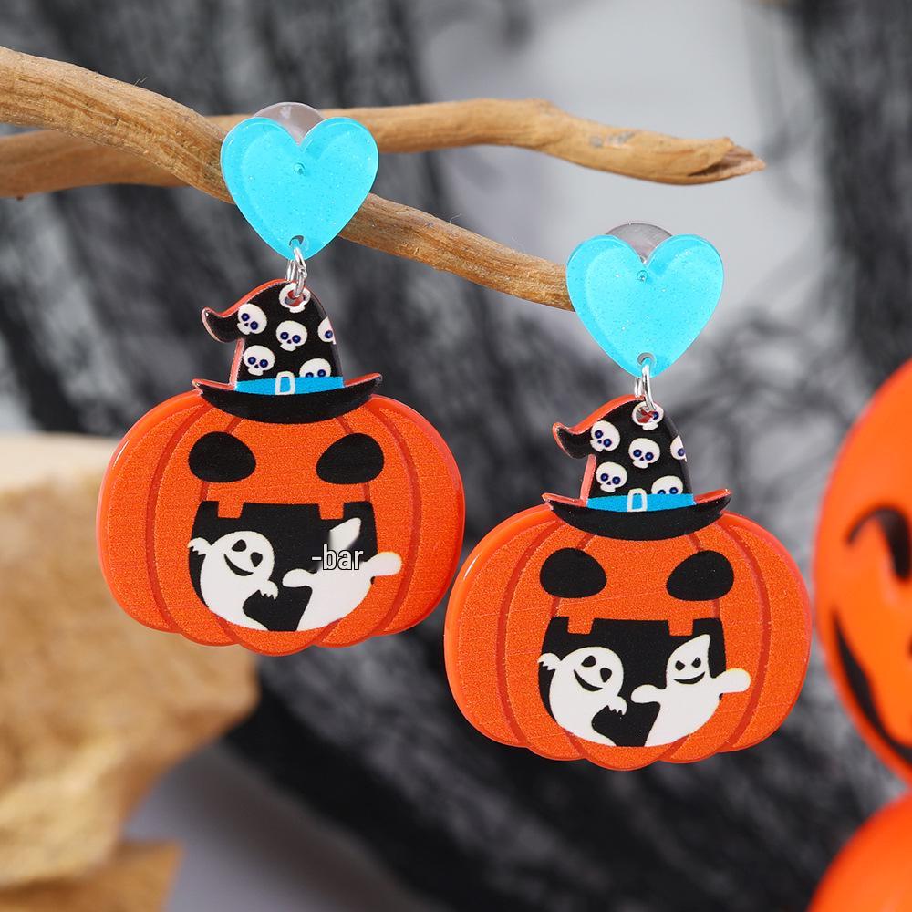 European & American Halloween Acrylic Pumpkin & Ghost Earrings - Exaggerated Cartoon Accessories for Women