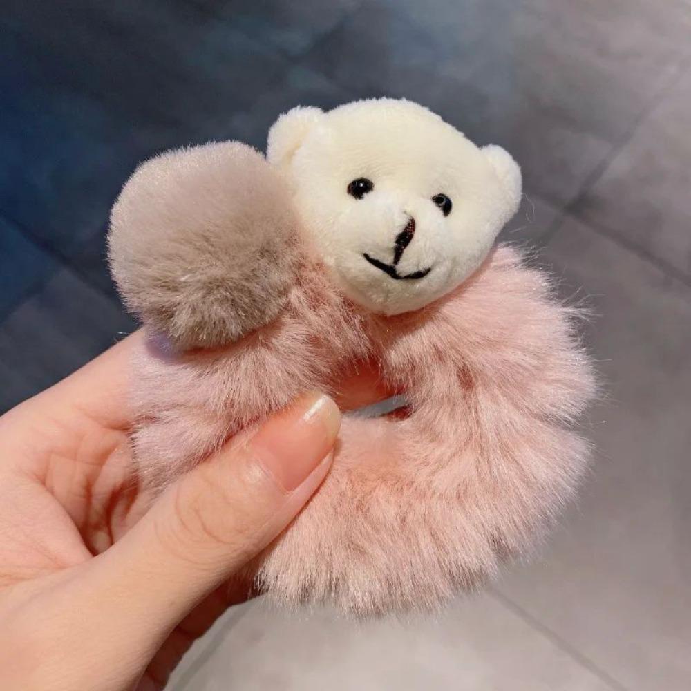 Girls Plush Bear Scrunchie Lovely Elastic Ponytail Holder Hair Rope Rubber Bands Hair Accessories