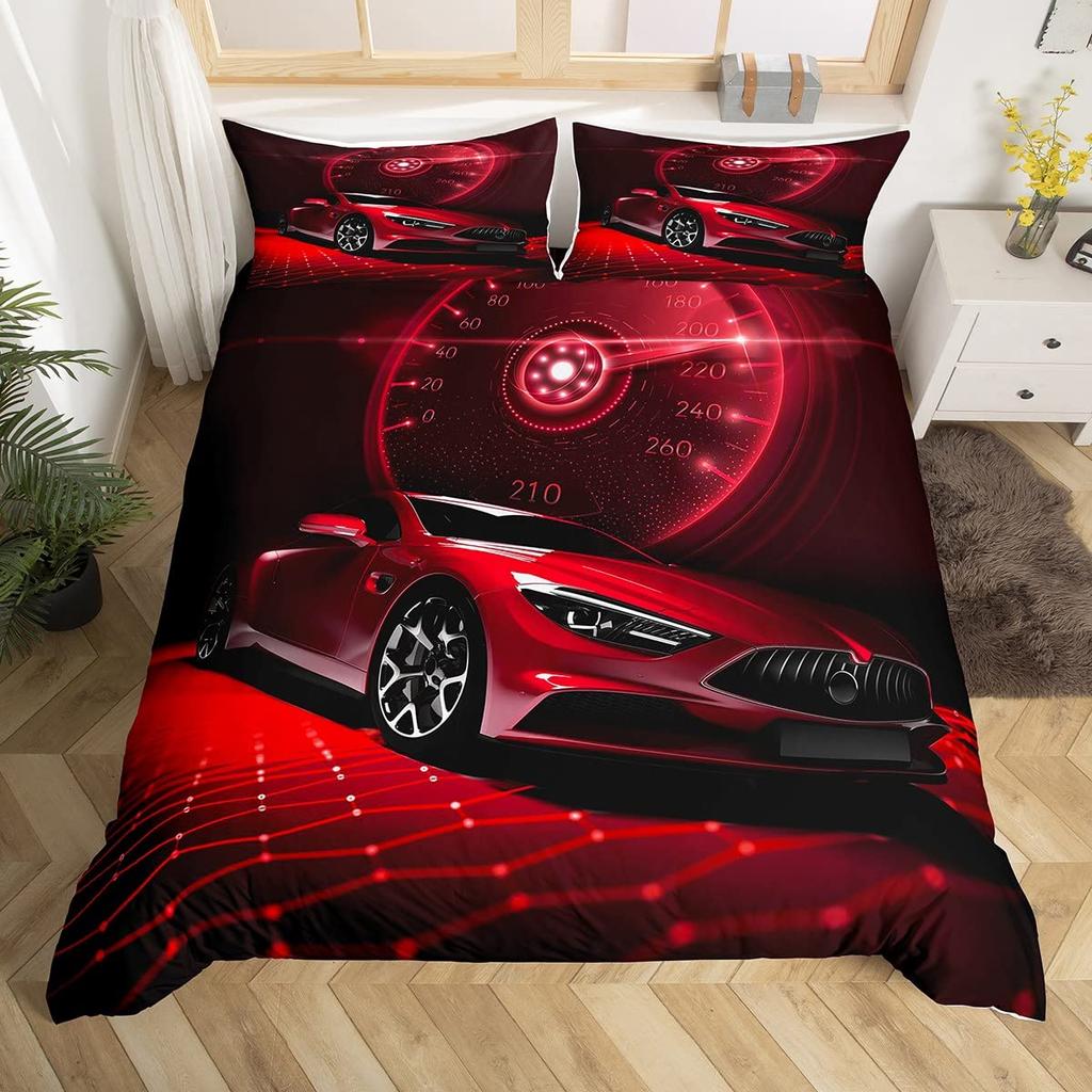 Race Car King Queen Duvet Cover Boys Extreme Sports Bedding Set 3D Cool Speedometer Quilt Cover Soft Polyester Comforter Cover