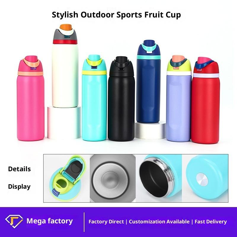 Double Drink Cover Stainless Steel Thermos Cup, Men's and Women's Outdoor Sports Fruit Cup, High-value Bouncing Cup with Rope