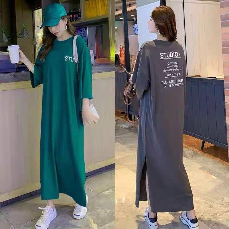 Loose-fitting Large-sized Round-neck Short-sleeved T-shirt Skirt, Long Summer New Style Laid-back Dress, Women's Over-the-knee Nightgown