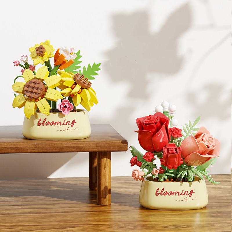 Romantic Floral Building Blocks Flower Potted Roses and Sunflowers Assembled DIY Flower Potted Toys Girls' Valentine's Day Gift