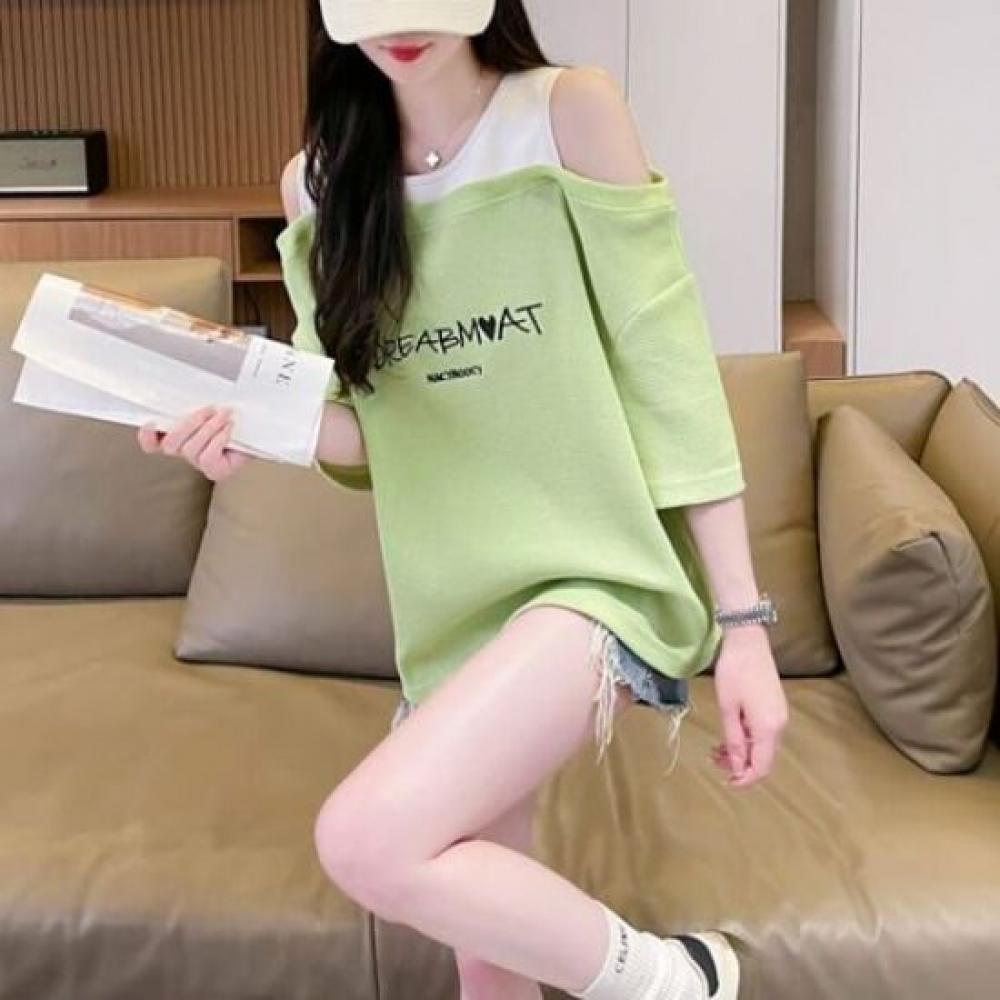 Navava Women Lovely Off Shoulder LeTTering ShorT Sleeve T shirT nT2581