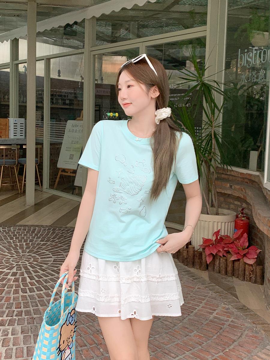 Sweet and cute shell print round neck front shoulder short-sleeved women s t-shirt summer new loose and thin top S синий