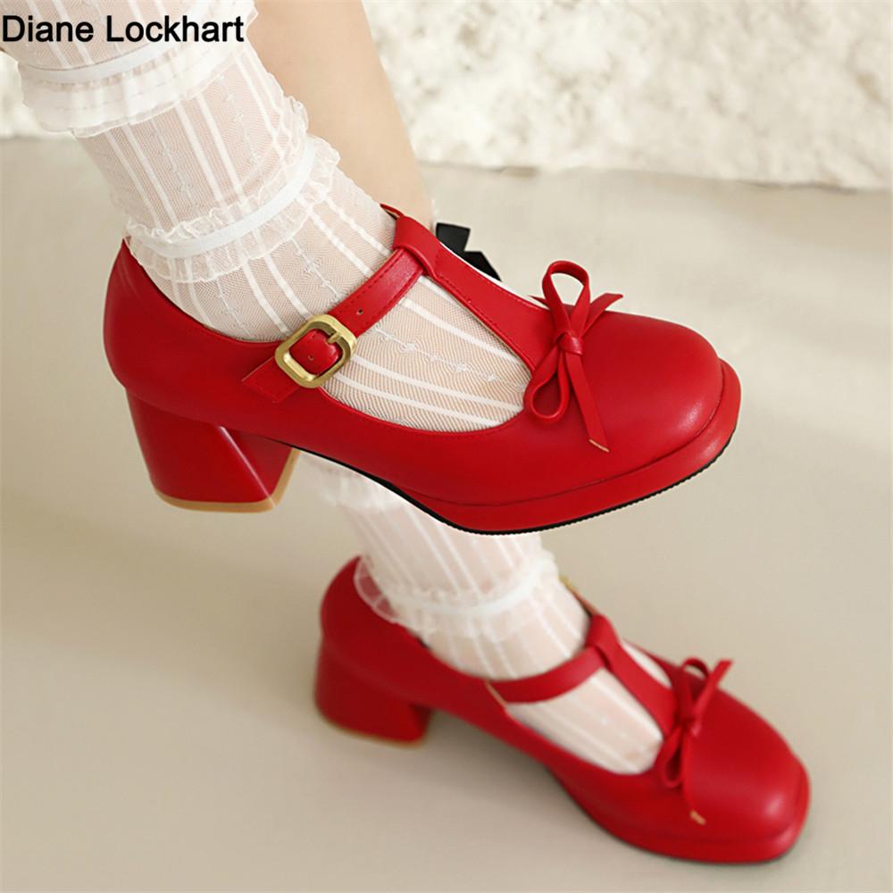 Fashion 2025 New High Heels Sweet Bow Pumps Shoes Women Platform Sandals Lolita Girls Cosplay Uniform Shoes Black Red Apricot Size33-43