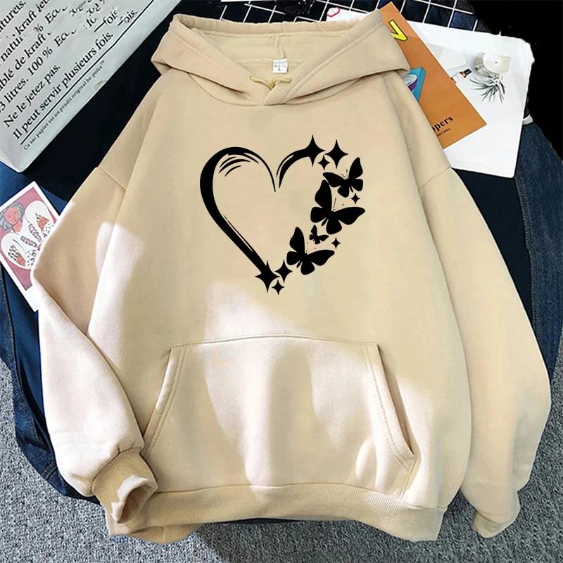 Love and Butterfly Pattern Hoodie Autumn Winter Women Casual Fashion Hip Hop Street Hoodies Simple Fleece O-Neck Sweatshirts
