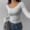 Women'S Solid Color Ribbed Striped Long Sleeve Crop Top Scoop Neck Slim Fit Y2K Basic Tee Shirt
