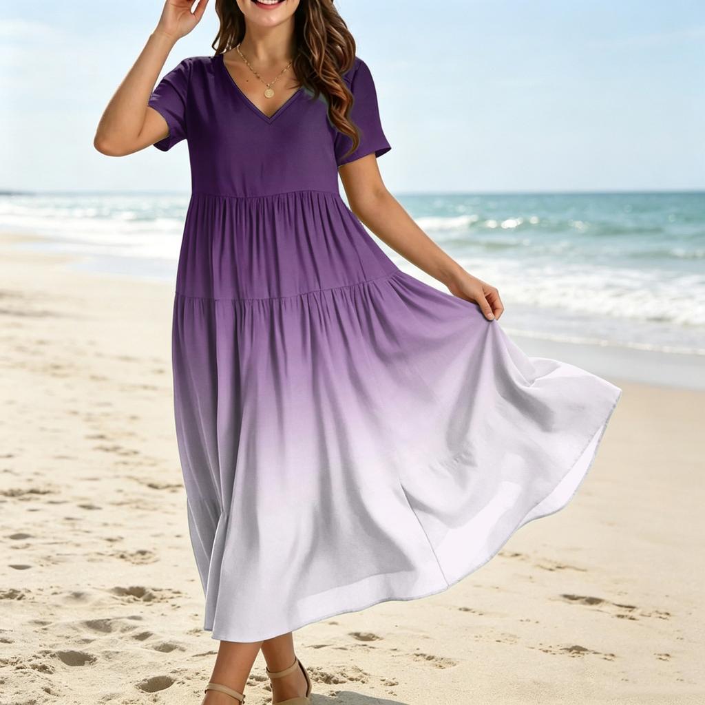 Abito Maxi Casual da Donna a Manica Corta con Scollo a V, Stile Bohemien, Vestibilità Larga, Stampa Degradé, per Estate e Uso Quotidiano