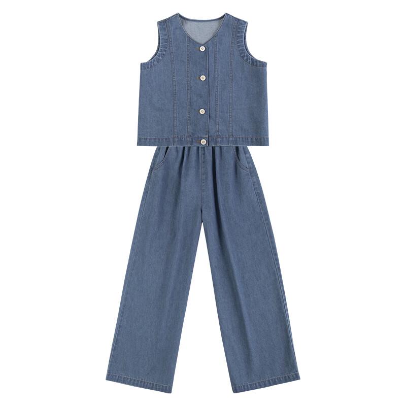 Hacikis Girls' Denim Vest & Wide-Leg Pants Set