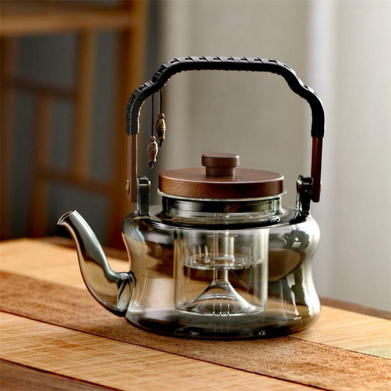850ml Glas-Teekanne mit Holzgriff und Siebeinsatz, Haushalts-Hitzebeständige Teekanne zum Aufbrühen von Tee und Kaffee, Kungfu-Teegeschirr