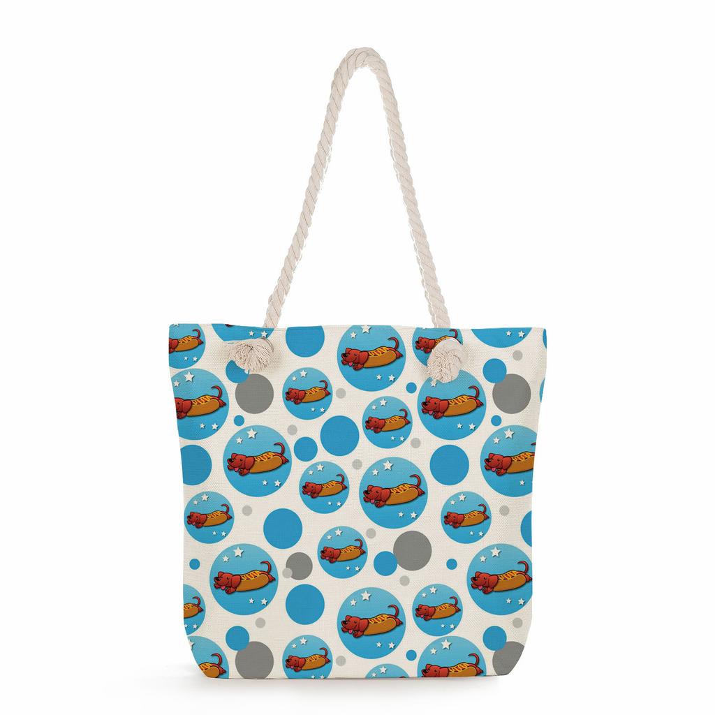 Sausage dog print thick rope single-shoulder beach bag 7284 CLE