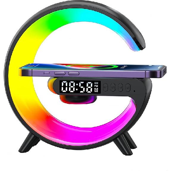 LED Table Lamp with Wireless Charger, Mini G Atmosphere Lamp with Bluetooth Speaker, Night Light Lamp Sunrise Alarm Clock, Smart Light Sound Machine
