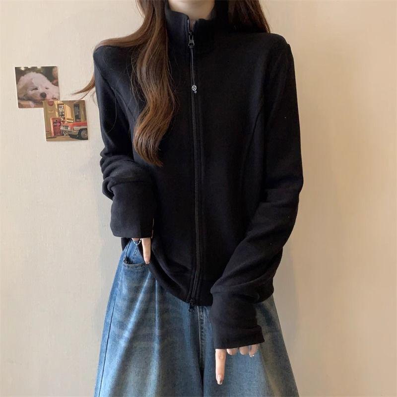 2025 Autumn/Winter Korean Style Zipper Stand Collar Velvet Sweatshirt Women's Casual Long Sleeve Cardigan Jacket