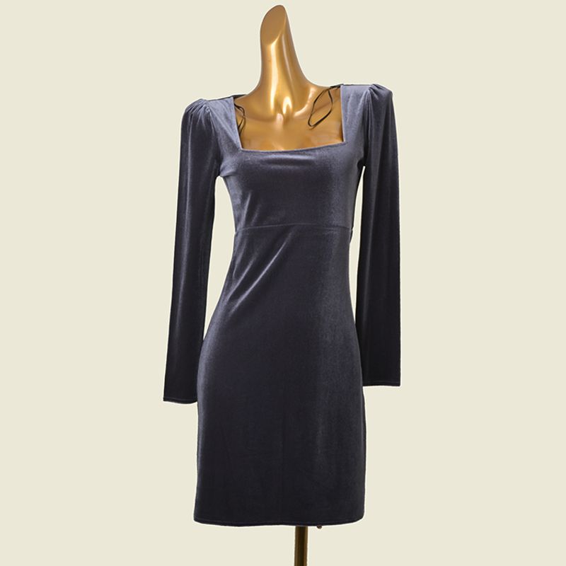 French Style Design Square Collar Sexy Long Sleeves Dress Fashion Wind Waist-Tight Slim Looking Velvet Bodycon Dress