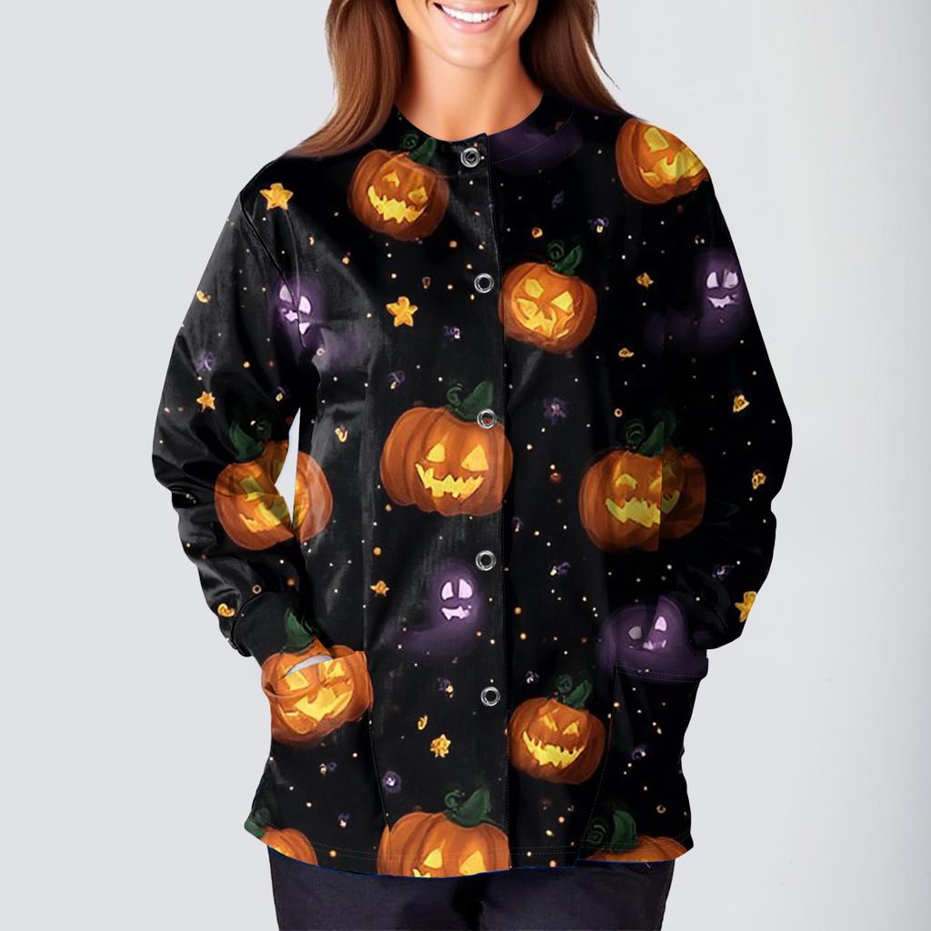 Women's Casual Fashion Long Sleeve Standing Collar Single Breasted Halloween Printed Workwear Jacket Tops