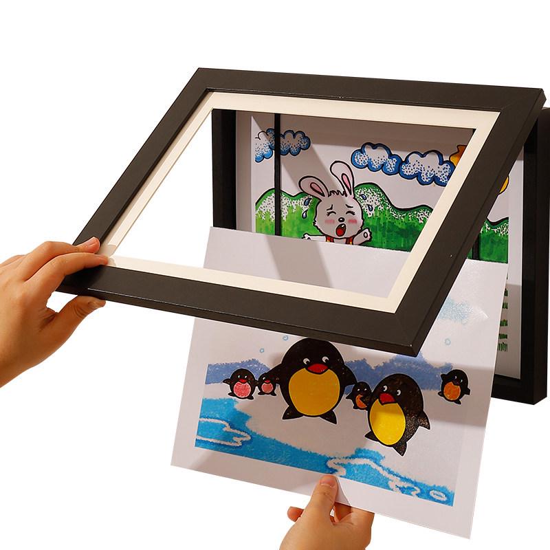 Children's Magnetic Picture Frame with Flip Cover, Holds 150 A4 Sheets, Punch-Free Wooden Design