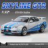 1:32 GTR R34 Low-Rider Sports Car Model with Opening Doors, Four-Wheel Suspension, Alloy Build, Sound and Light, Pull-Back Simulation