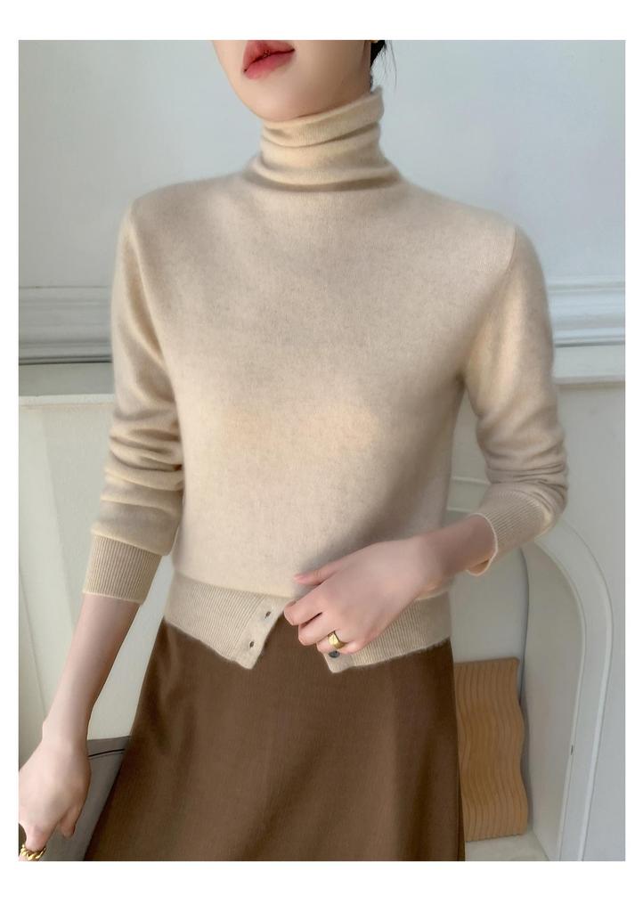 2025 A/W Women's Cashmere High Neck Loose Knit Sweater with Rolled Hem