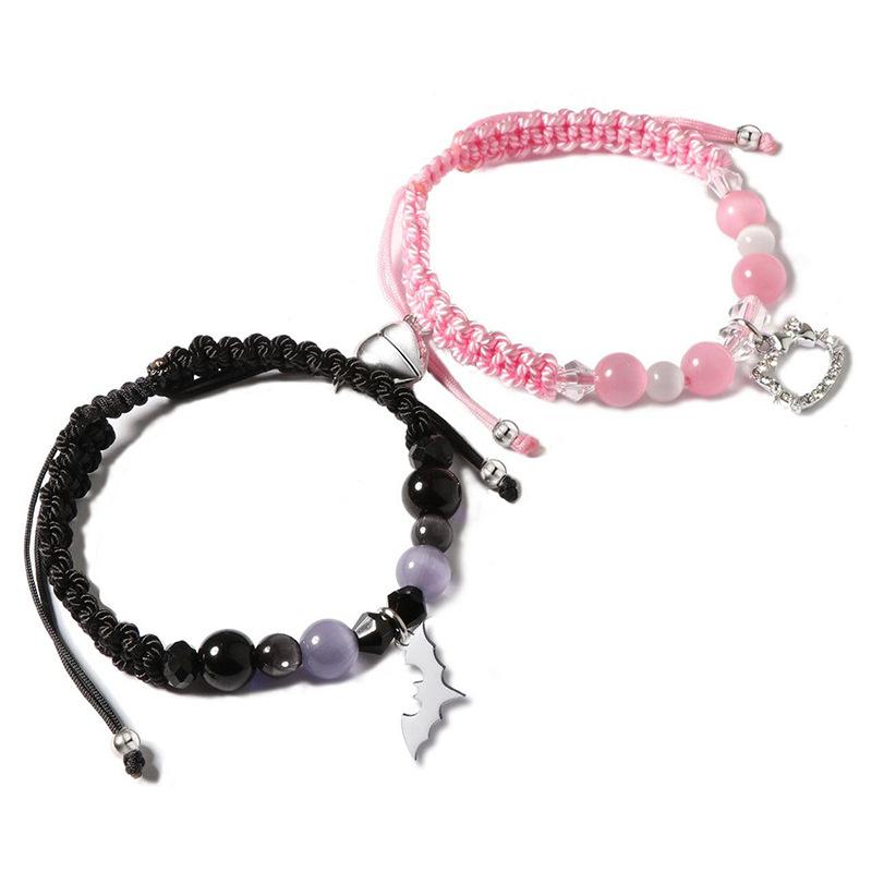 Spider Kitty Charm Bracelets Rope Heart Magnetic Matching Bracelets for Couples Crystal Beaded Bracelet Halloween Jewelry
