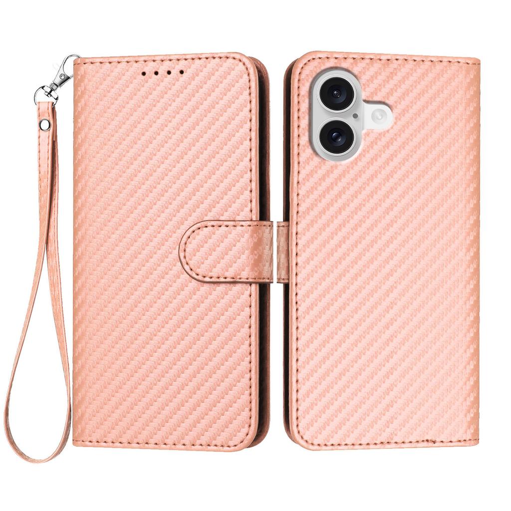 For iPhone 17 Wallet Case with Strap Carbon Fiber Texture Leather Mobile Cover