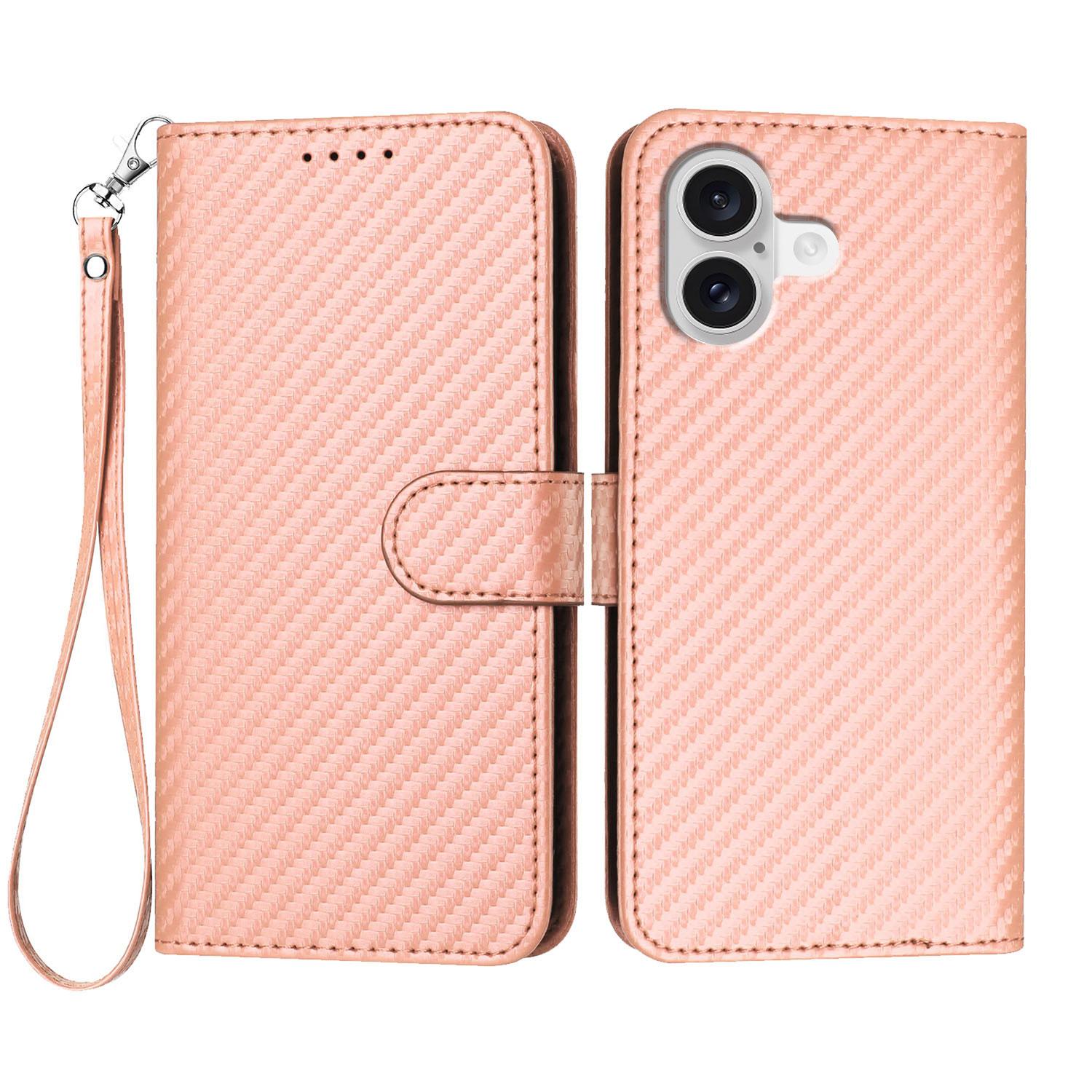 

For iPhone 17 Wallet Case with Strap Carbon Fiber Texture Leather Mobile Cover Pink