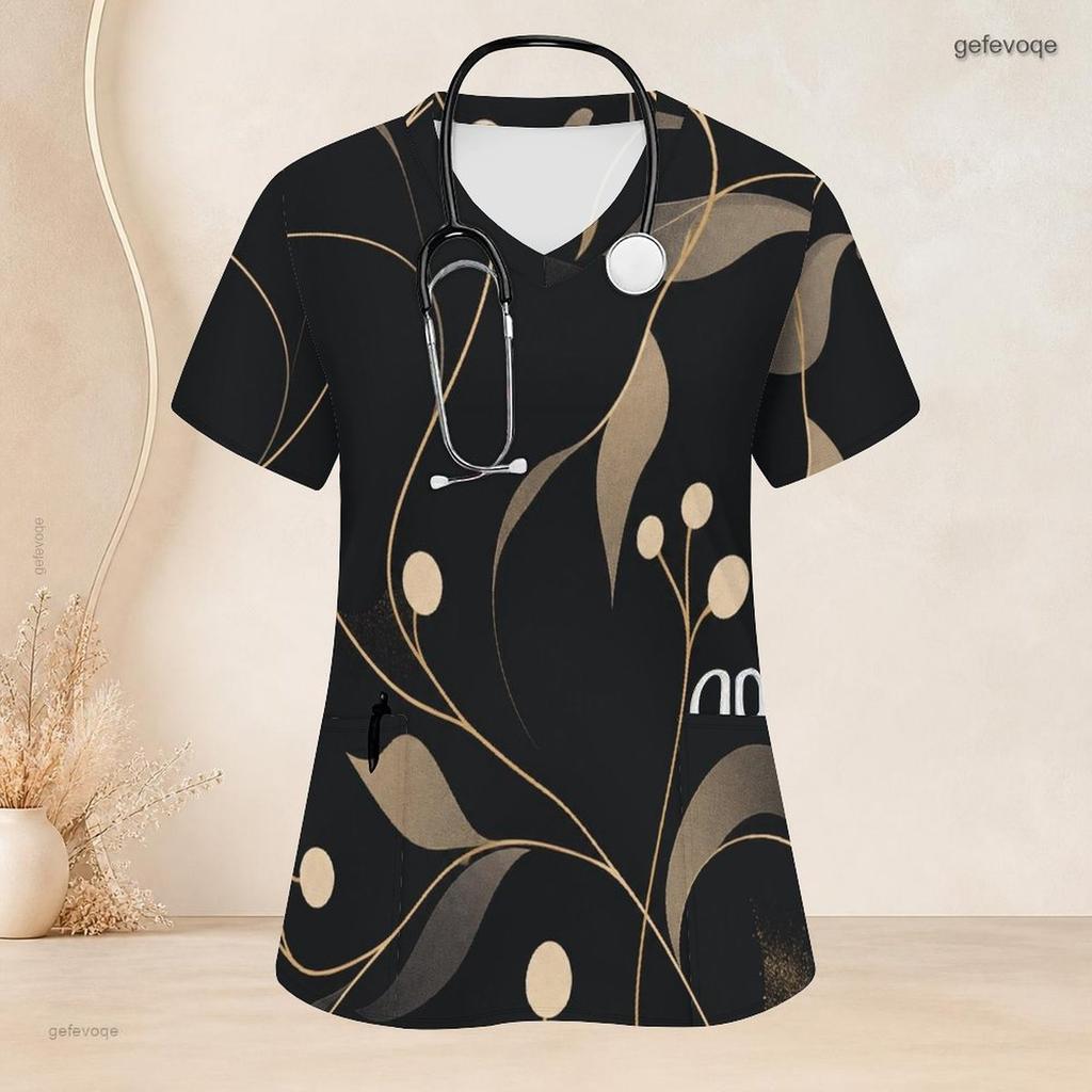 Women Plus Size Nurse Scrub Top V Neck Short Sleeve Geometric Star Print With Front Pockets