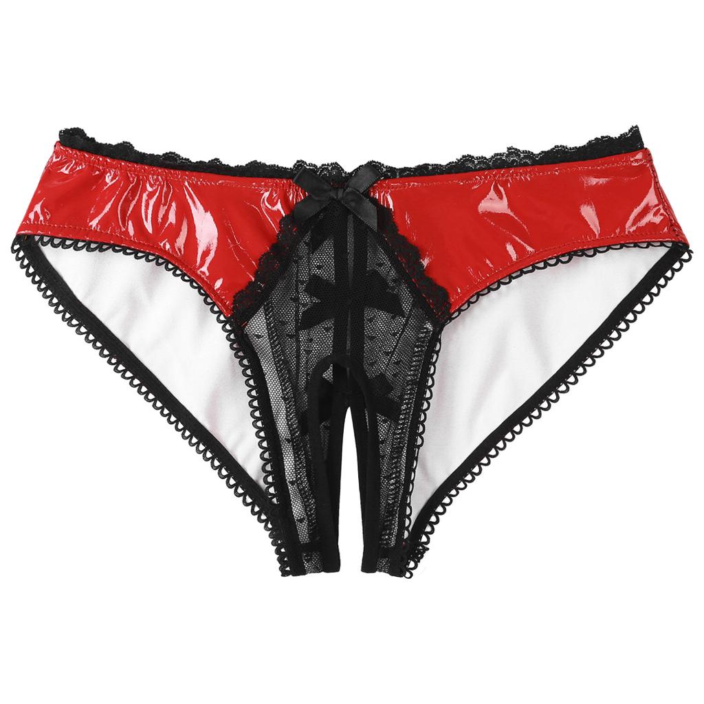 Damskie prześwitujące majtki stringi z koronkowymi wstawkami, błyszczące majtki z lakowanej skóry patentowej z otwartym kroczem i kokardką, niski stan