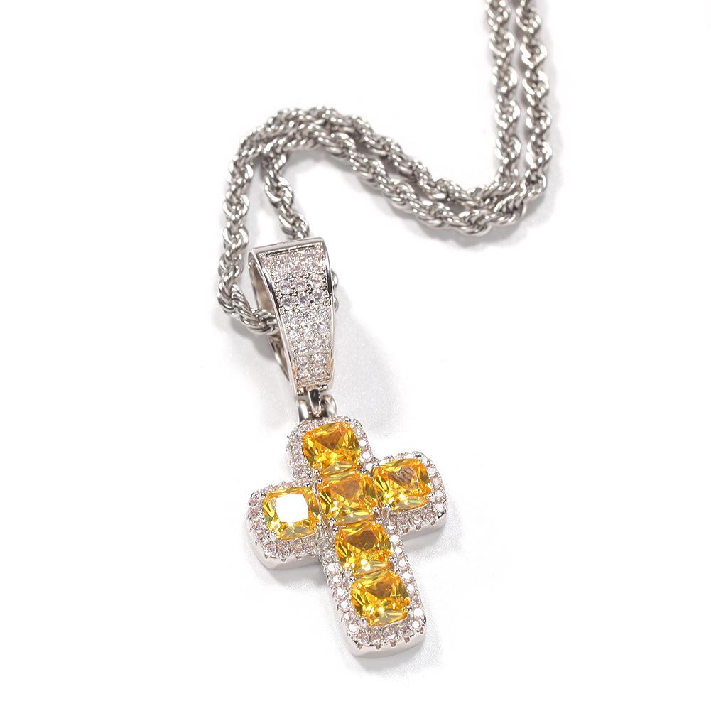 Gu Meng Hip-Hop Fashion Pendant: Copper Cross with Colored Zircon