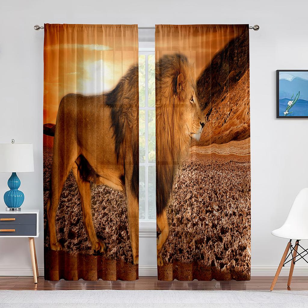Löwenpaar Landschaftsmalerei Wolken Wildtiere Transparente Vorhänge für Wohnzimmer Schlafzimmer Küchendekor Fenstervoiles Tüllvorhang