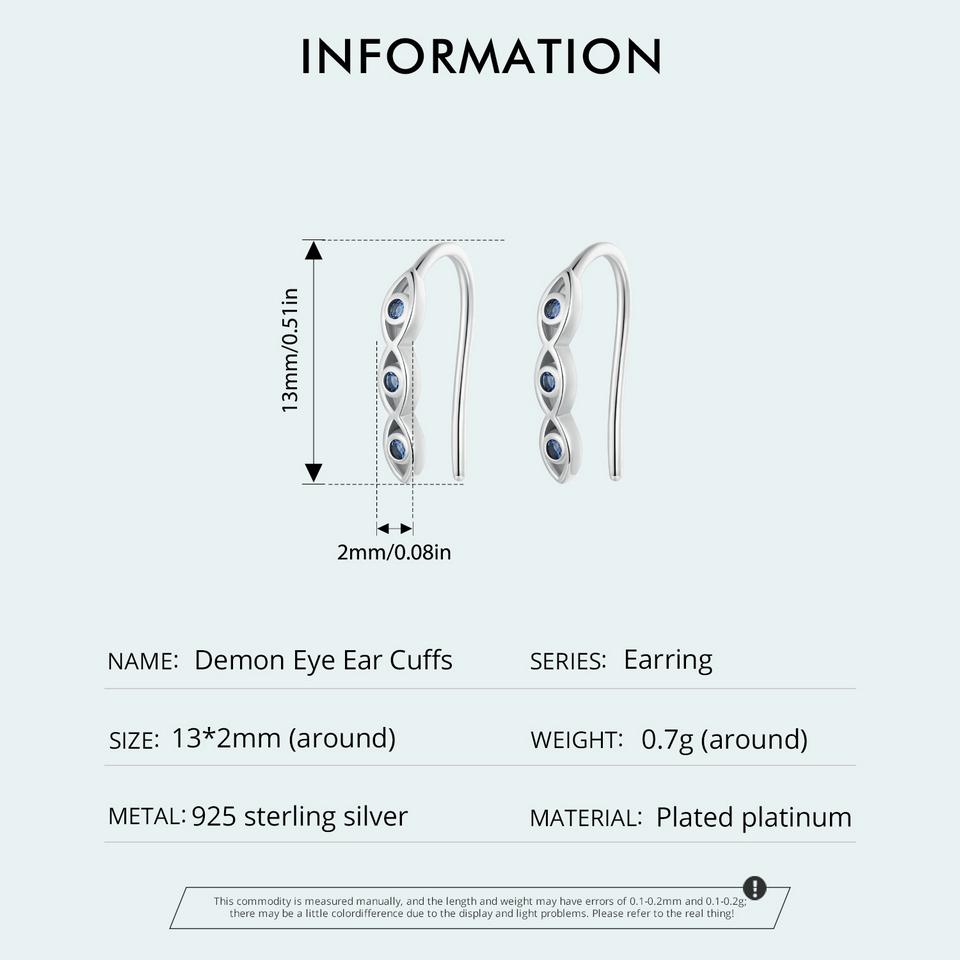 Three Devil's Eye Hook Earrings Blue Zircon 925 Sterling Silver Lucky Earrings Cuffs