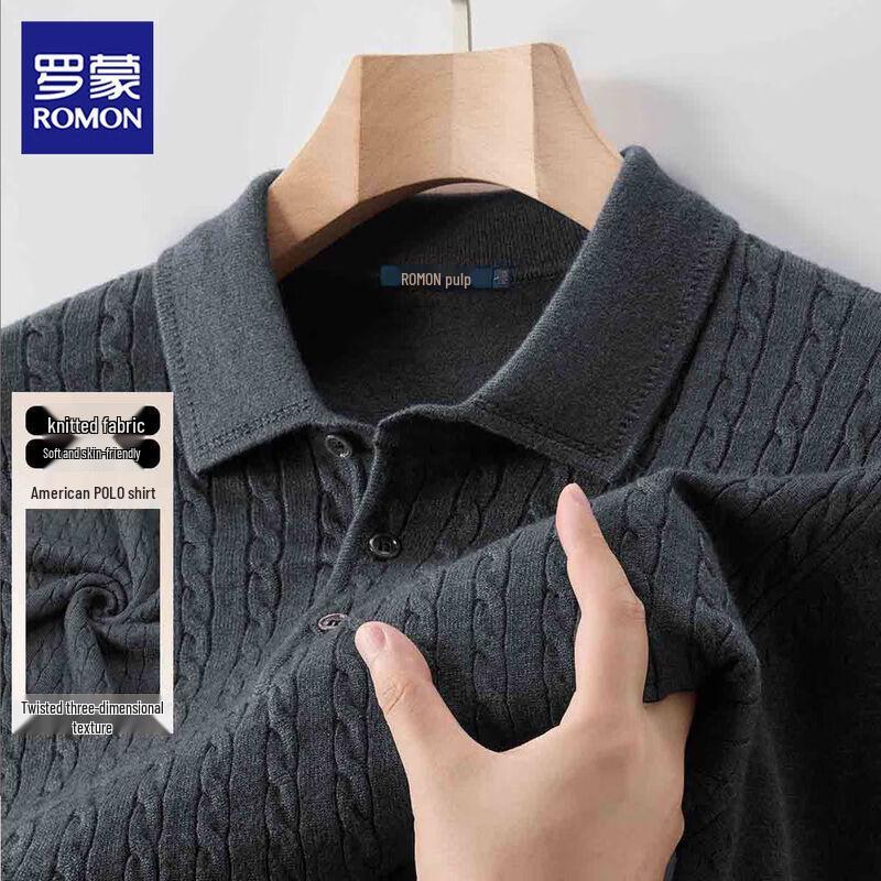 ROMON S Men's Long Sleeve Polo Knit Shirt