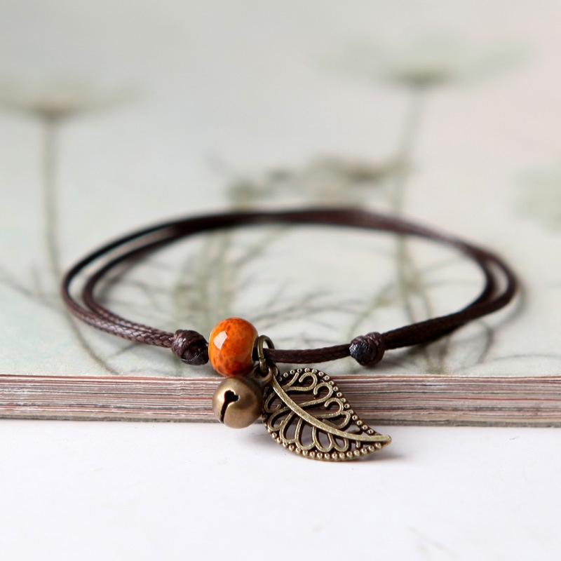 Ethnic Style Anklet For Women Vintage Bronze Leaf & Bell With Colorful Ceramic Bead Pendant On Leather Rope