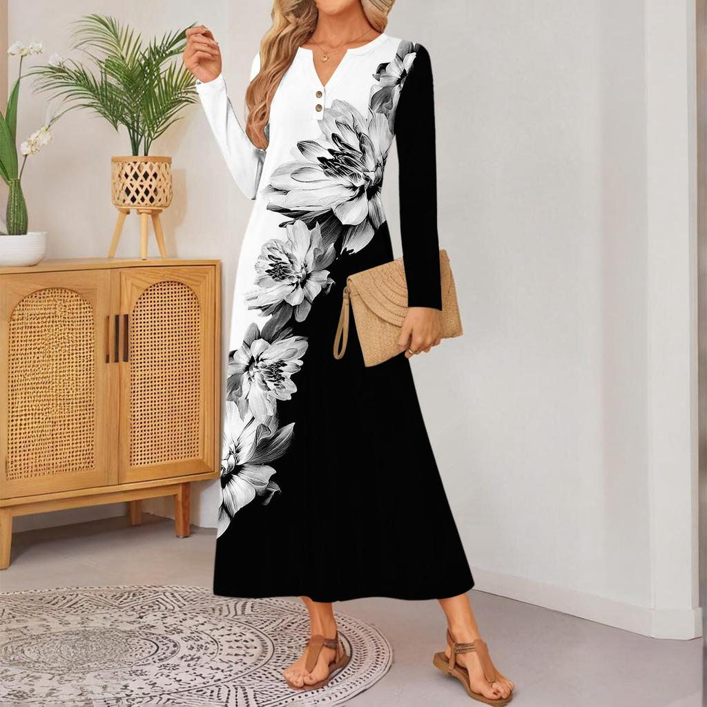 women retro printed long-sleeved comfortable loose dress, elegant dress