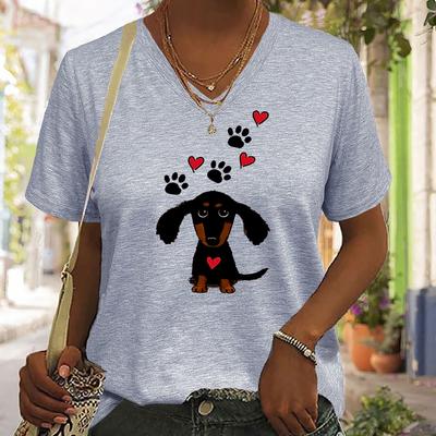 Süßes T-Shirt mit Hunde-Print, kurzärmliges V-Ausschnitt-Freizeitoberteil für Sommer & Frühling, Damenbekleidung