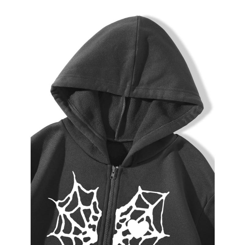 Women S Fall Winter Fleece Hooded Zip Up Cardigan Sweatshirt Spider Web Heart Print