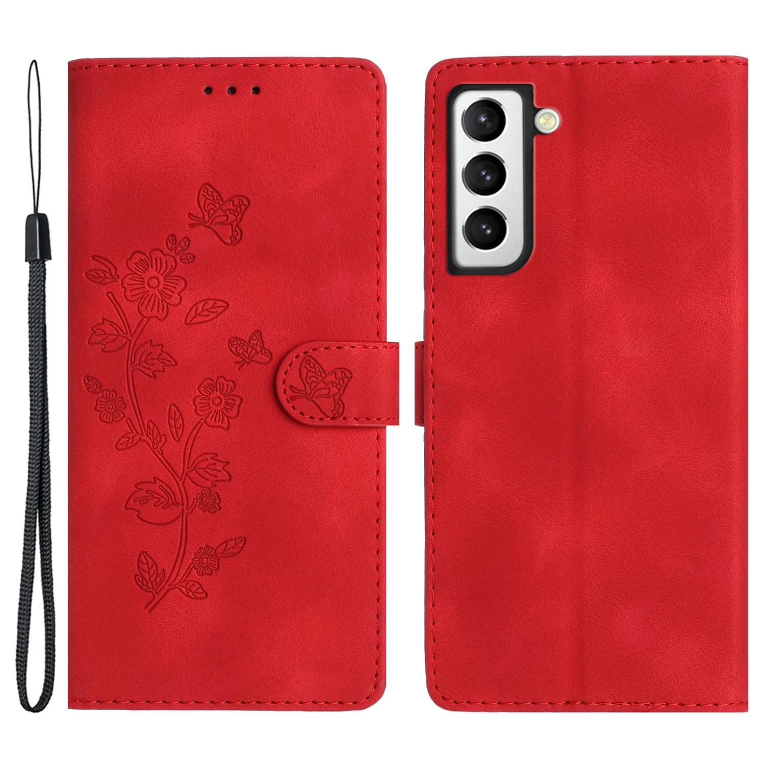 

For Samsung Galaxy S22 5G Leather Flower Imprinted Phone Case Shockproof Wallet Stand Cover Red