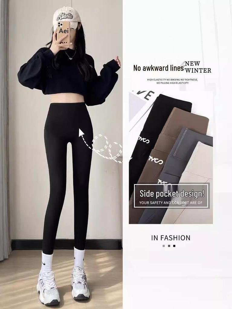 Women's High Waist Fleece Yoga Leggings - Autumn/Winter 2024 Hip-Lifting Side-Pocket Pants