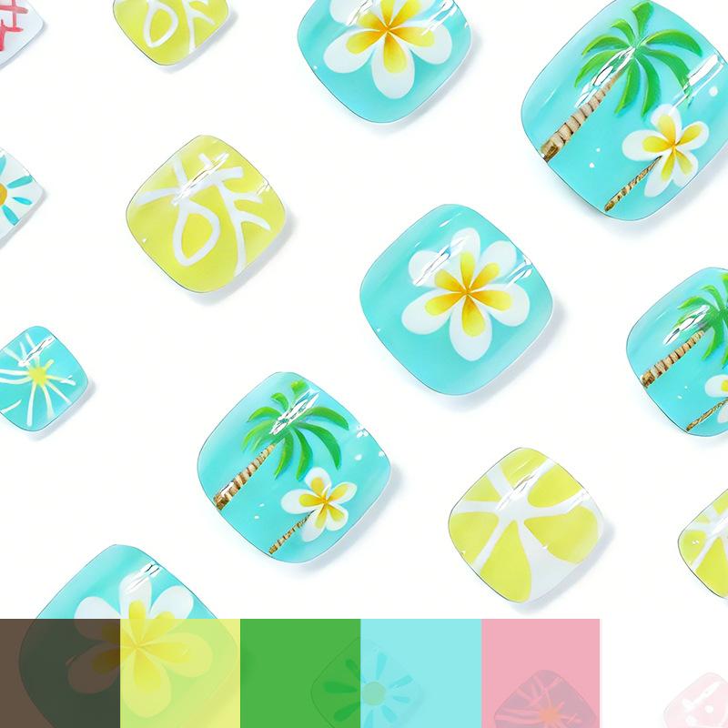 European and American short glossy foot nails, small and fresh summer beach coconut tree flower design, wearing nail pads