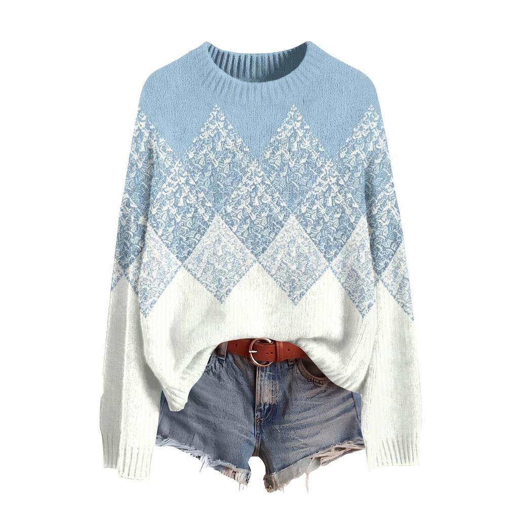 Women's Fall Winter Neck Long Sleeve Sweater - Soft Knit Printed Pullover