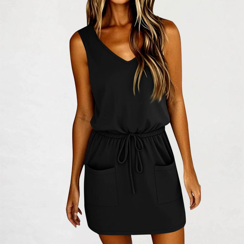 Women Sleeveless Summer Dress Casual V Neck Drawstring Waist Short Dresses Beach Vacation T Shirt Dress With Pockets