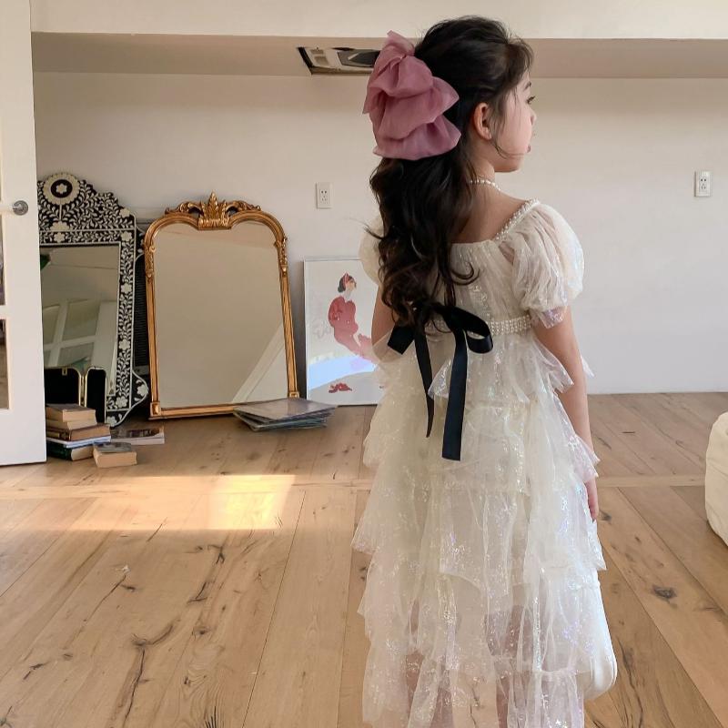 Summer New Girls Fashion Alb Strălucitor Star Mărgele Rochie Tort Copii Gât pătrat Arc Rochii de seară