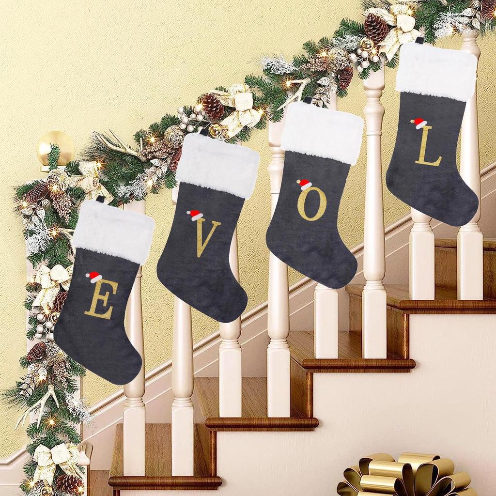 2026 Christmas Decorations: Grey Velvet Embroidery Letter Stocking Gift Bag